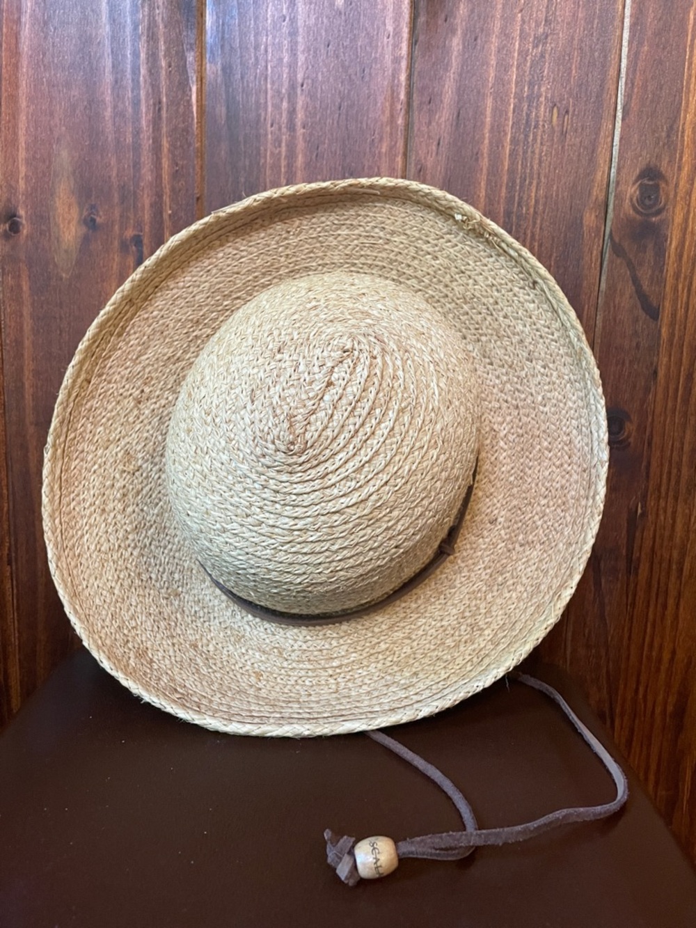 Scala Natural Straw Sun Hat with Leather Cord and Wooden Bead SzS